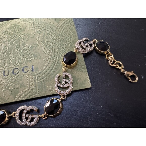 Gucci Double G Gold Tone Adjustable Bracelet With Black Crystals - Picture 1 of 16